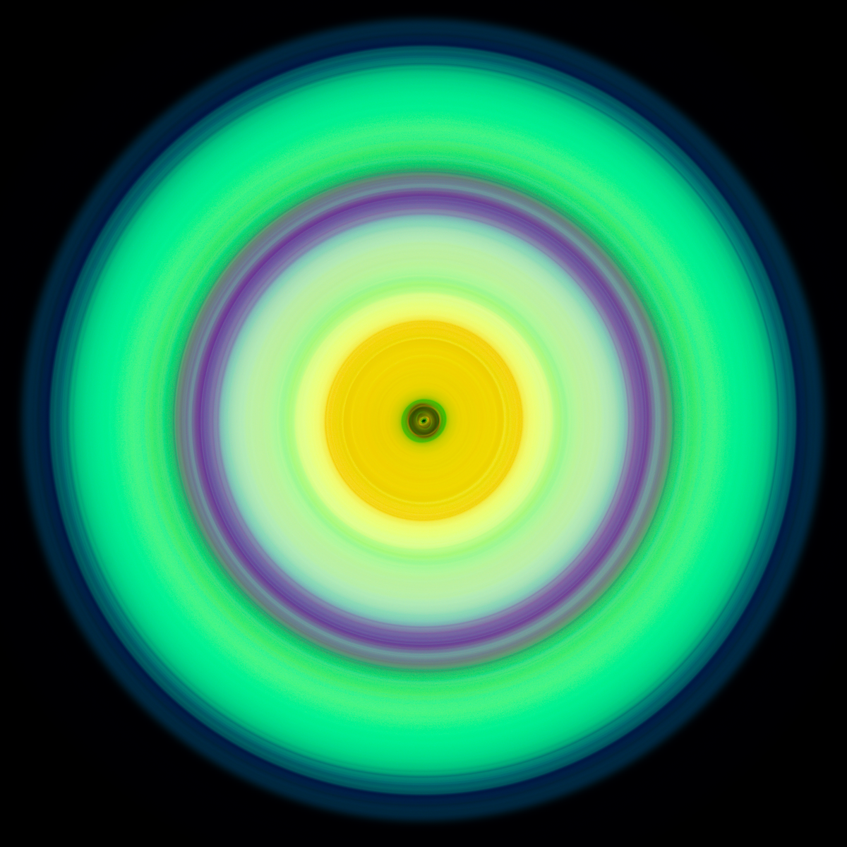 Abstract art with concentric circles in bright green, yellow, and purple radiating from center