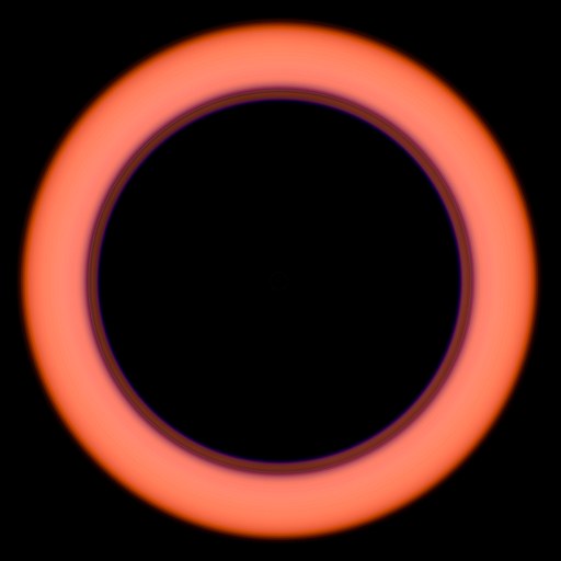 Centered radial abstract photograph with a dark void at the center, three concentric bands moving outward from coral orange through to violet at the outer edge, fading into black.