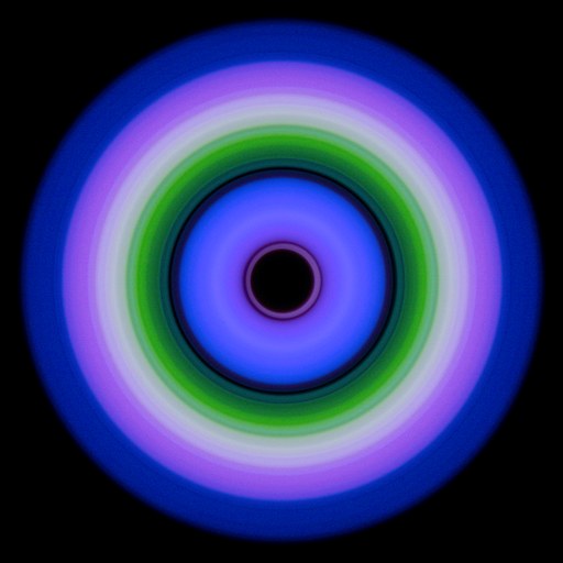 Abstract radial light photograph with two bands of cobalt blue at center transitioning to lime green at outer edges