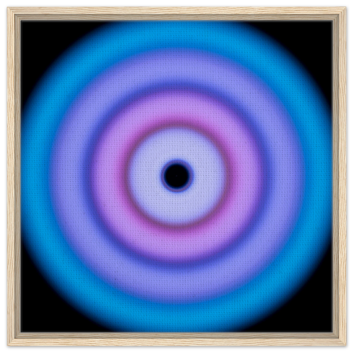 A circular aperture shape with electric blue outer ring transitioning through purple and violet to a bright pink core with a small dark center.
