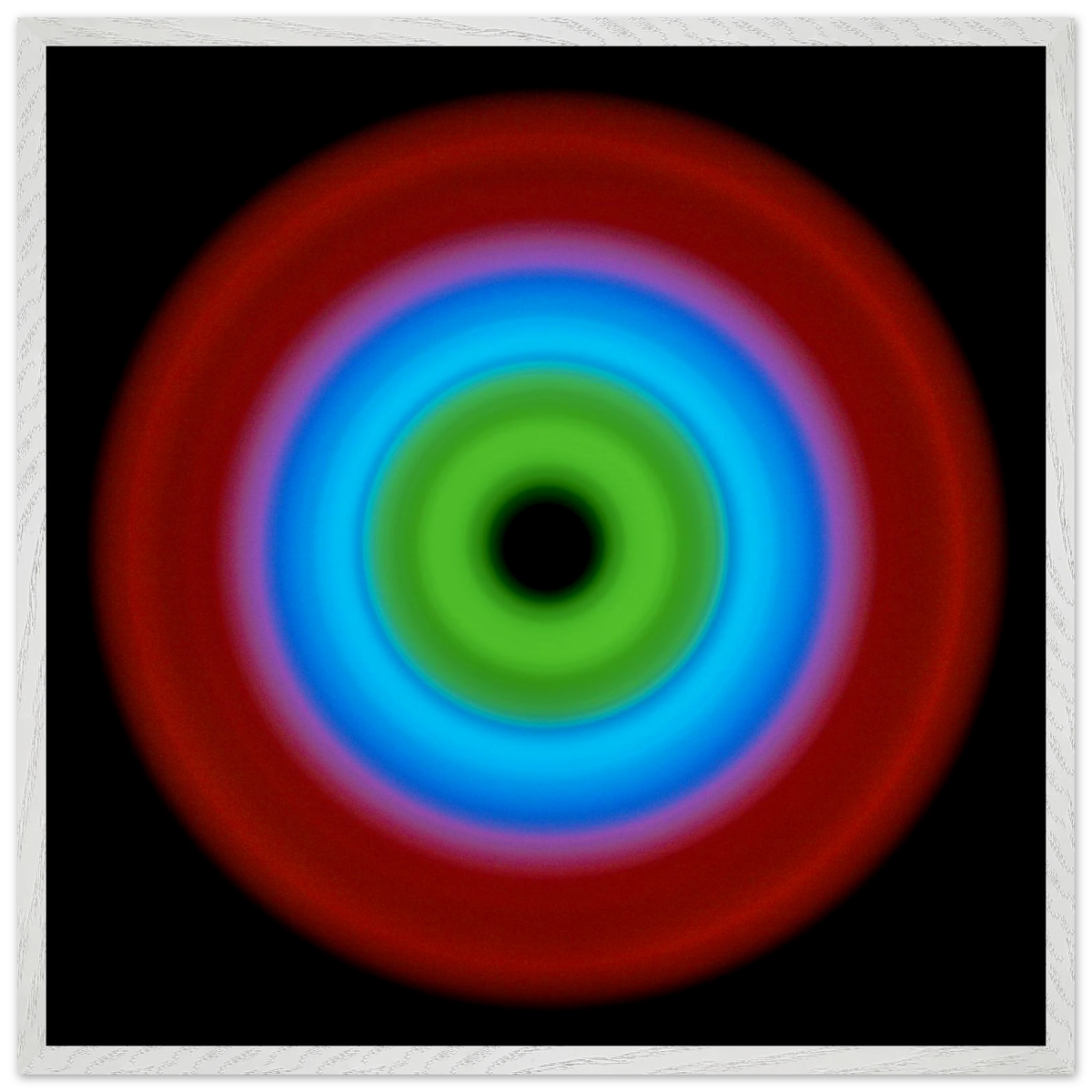 A circular radial form with concentric color bands transitioning from a black center through bright green to blue to red at the outer edge.