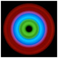 A circular radial form with concentric color bands transitioning from a black center through bright green to blue to red at the outer edge.