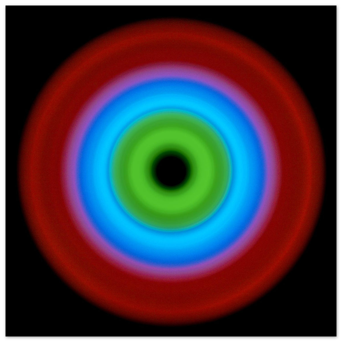 A circular radial form with concentric color bands transitioning from a black center through bright green to blue to red at the outer edge.
