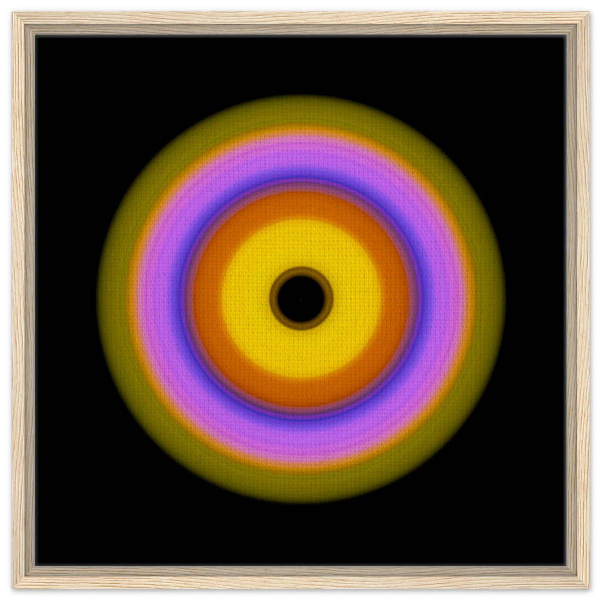 A circular pattern with six concentric rings radiating from a black center through yellow, orange, magenta, blue, lavender, and lime green.