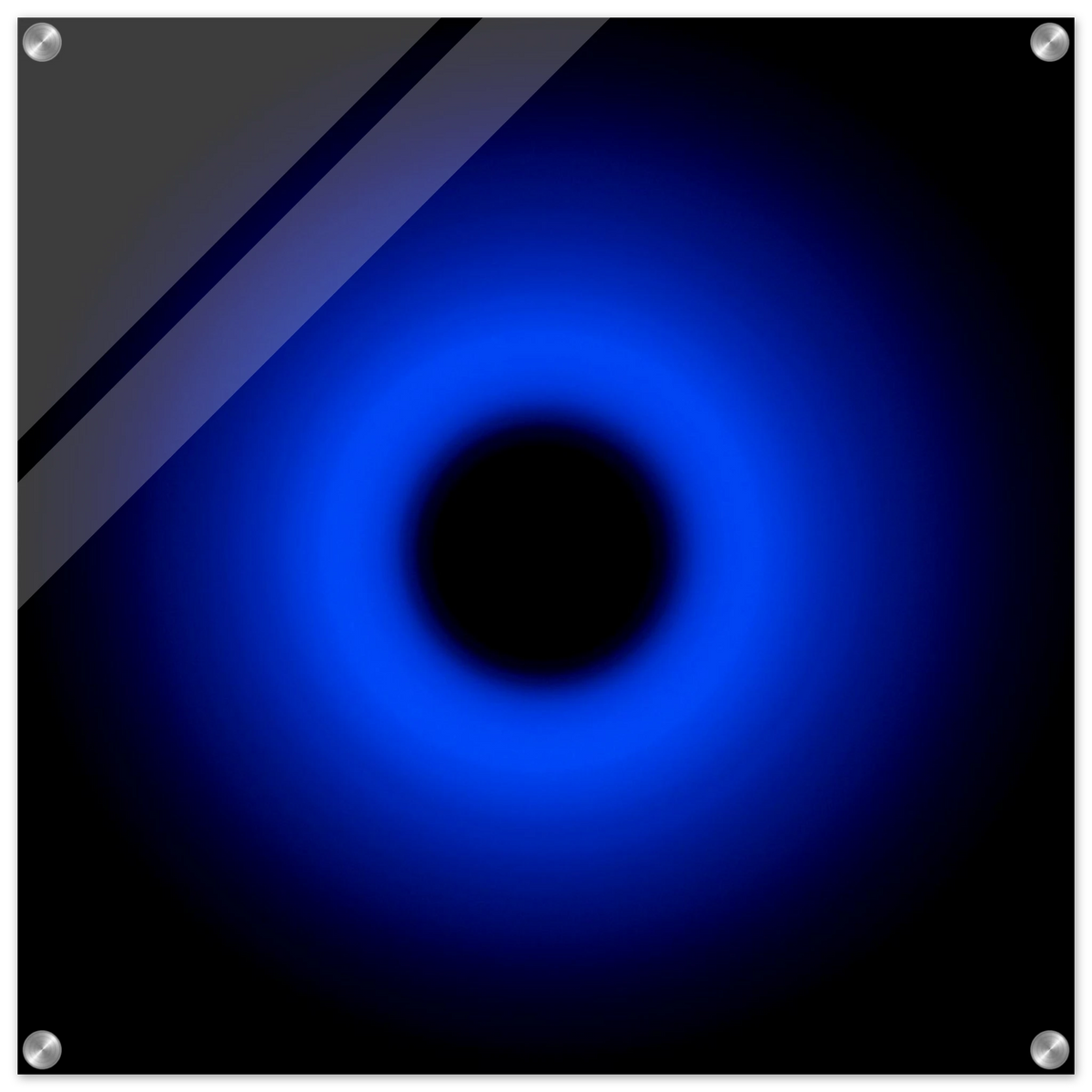 A circular ring of deep blue light surrounds a black center, gradually fading outward into darkness.