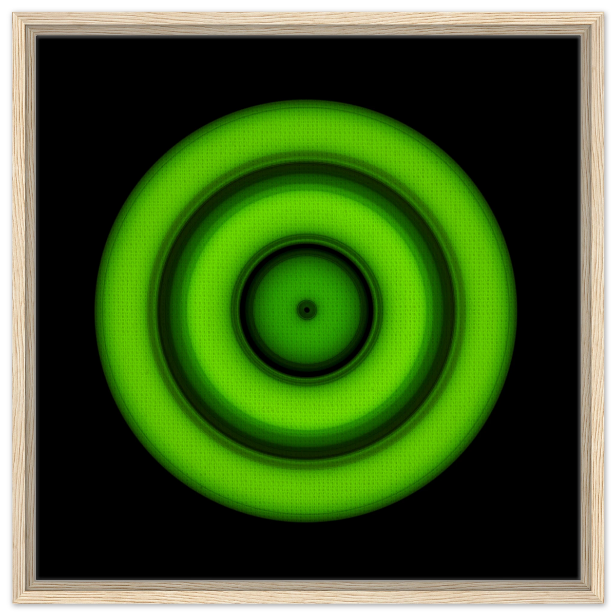 A circular disc with concentric color rings radiating from a small black center dot, transitioning from yellow core through orange, purple, and blue to bright lime green outer edge.