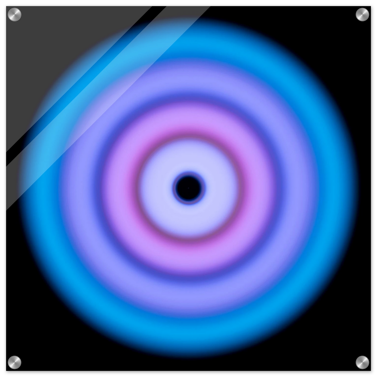 A circular aperture shape with electric blue outer ring transitioning through purple and violet to a bright pink core with a small dark center.