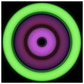 Circular aperture shape with concentric rings transitioning from bright lime green on the outside through purple tones to bright magenta around a small black center.
