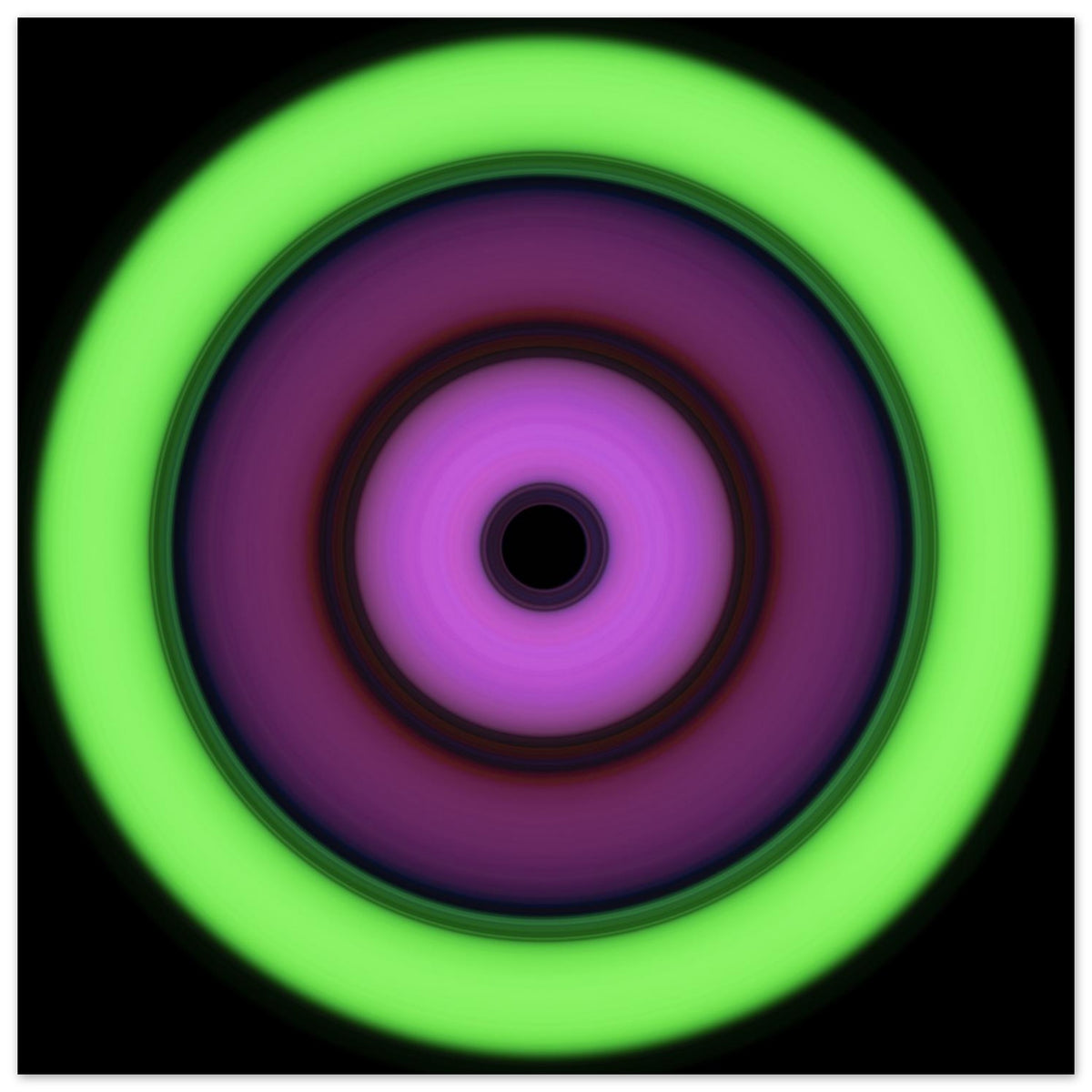 Circular aperture shape with concentric rings transitioning from bright lime green on the outside through purple tones to bright magenta around a small black center.