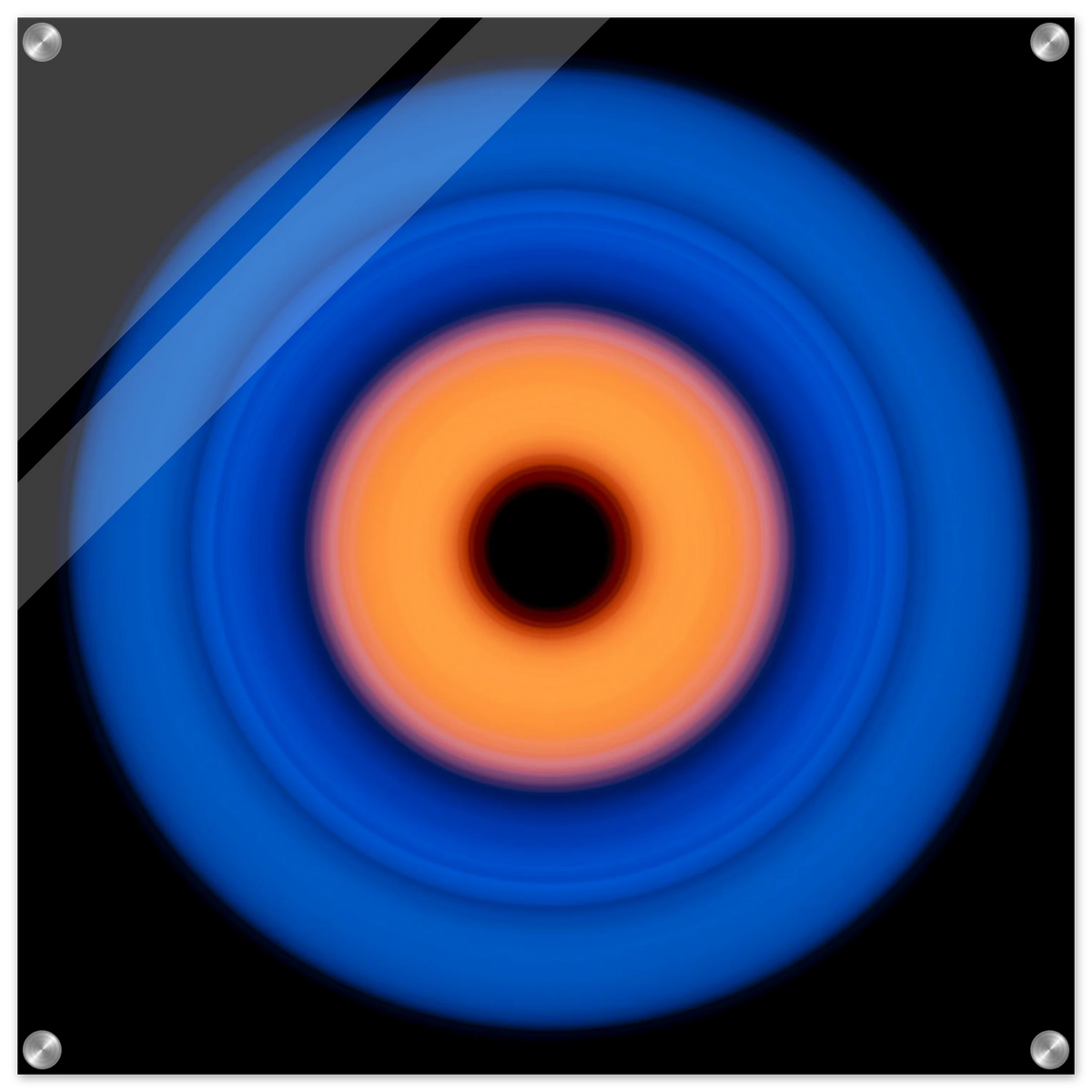 A circular ring with deep blue outer edge transitioning through purple-pink to coral orange center with a small black void in the middle.