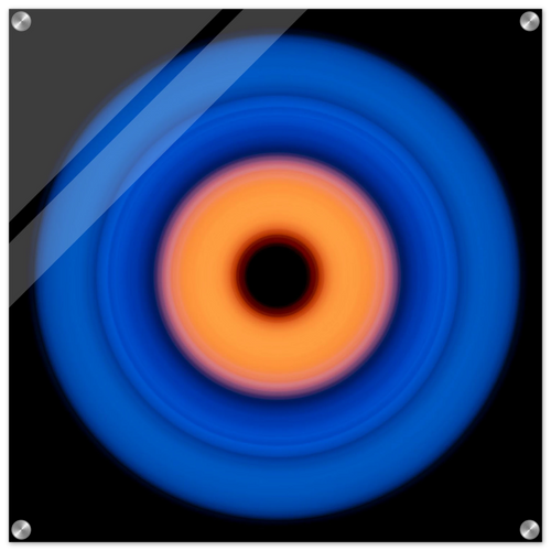 A circular ring with deep blue outer edge transitioning through purple-pink to coral orange center with a small black void in the middle.