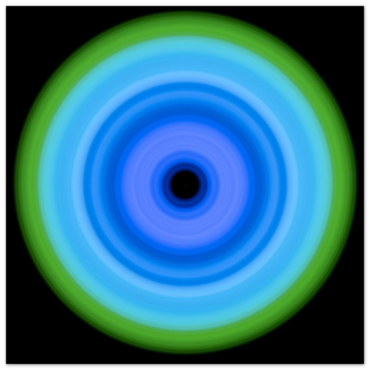A circular pattern with concentric rings transitioning from a black center through various shades of blue to a lime green outer edge.