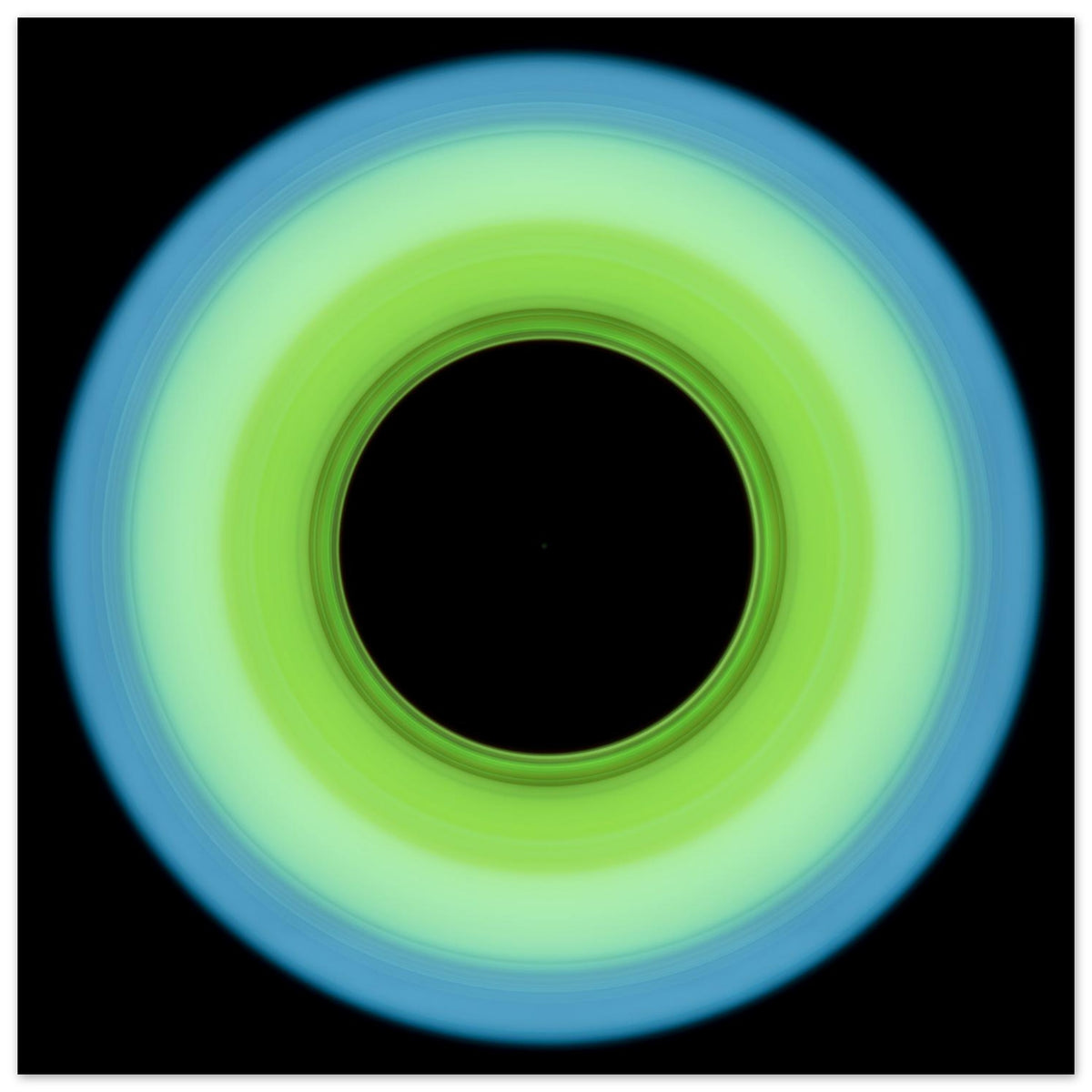 A circular ring shape that transitions from pale blue on the outer edge to bright lime green on the inner edge with a large black circular center.