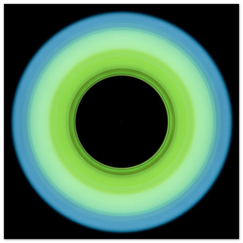 A circular ring shape that transitions from pale blue on the outer edge to bright lime green on the inner edge with a large black circular center.