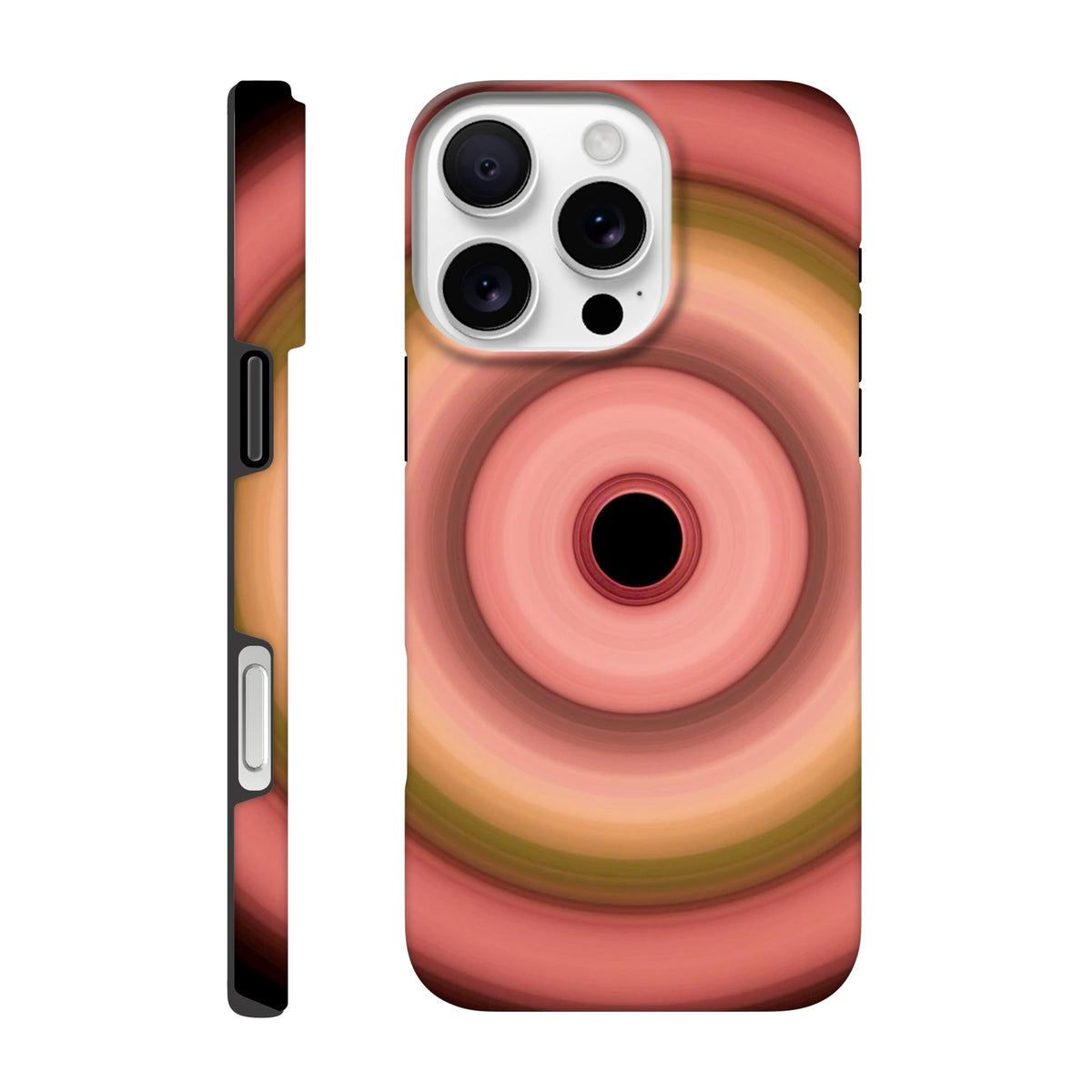 A circular aperture with six concentric rings transitioning from coral on the outside through pink, olive green, and peach to a black center.
