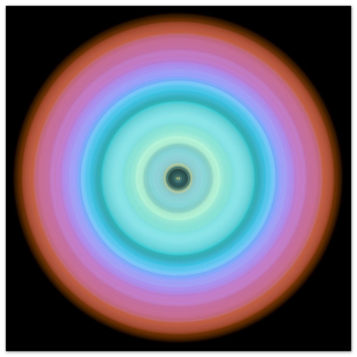 Circular aperture shape with dark center surrounded by concentric color bands transitioning from ice blue through turquoise and violet to coral pink.