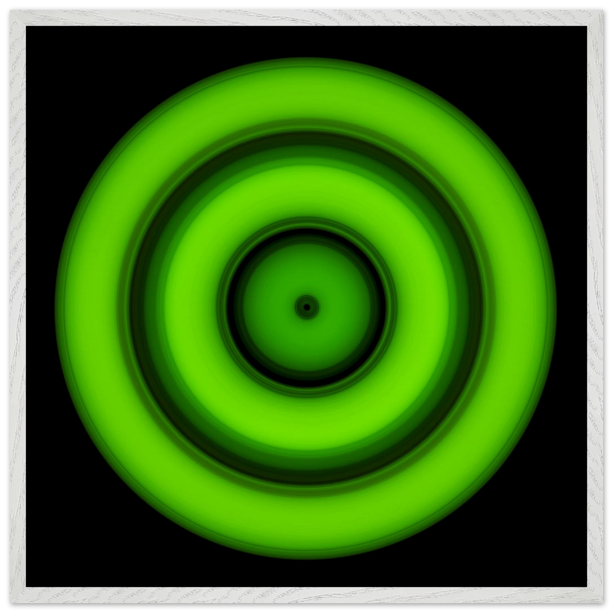 A circular disc with concentric color rings radiating from a small black center dot, transitioning from yellow core through orange, purple, and blue to bright lime green outer edge.