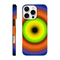 A circular aperture shape with bright lime green center fading to dark void, surrounded by concentric rings of orange, red, purple, and deep blue.