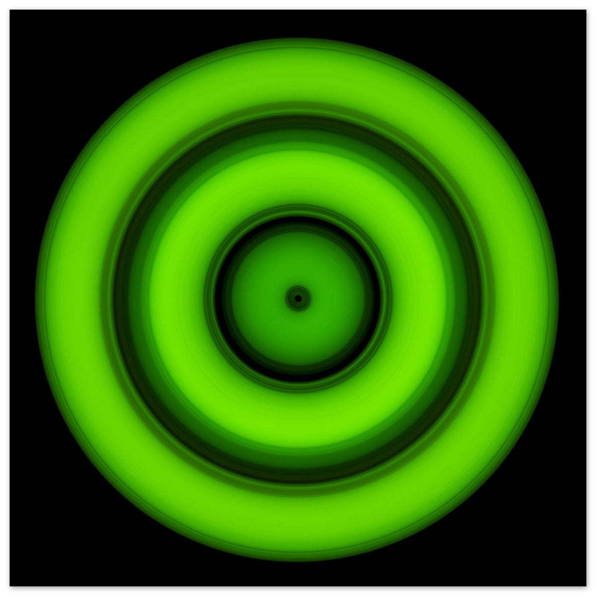 A circular disc with concentric color rings radiating from a small black center dot, transitioning from yellow core through orange, purple, and blue to bright lime green outer edge.