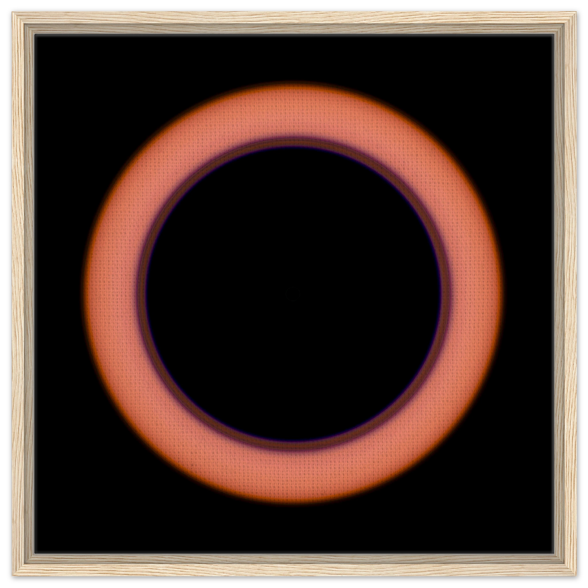 A circular image with a large black center surrounded by a thin violet ring that transitions to coral orange at the outer edges.