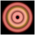 A circular aperture with six concentric rings transitioning from coral on the outside through pink, olive green, and peach to a black center.