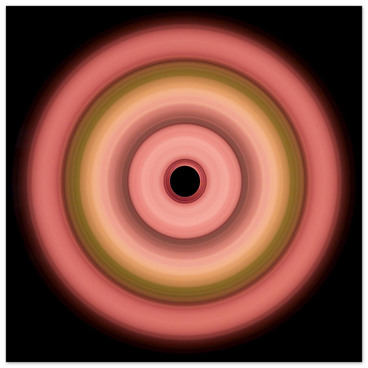 A circular aperture with six concentric rings transitioning from coral on the outside through pink, olive green, and peach to a black center.