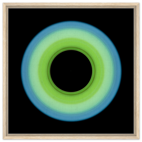 A circular ring shape that transitions from pale blue on the outer edge to bright lime green on the inner edge with a large black circular center.