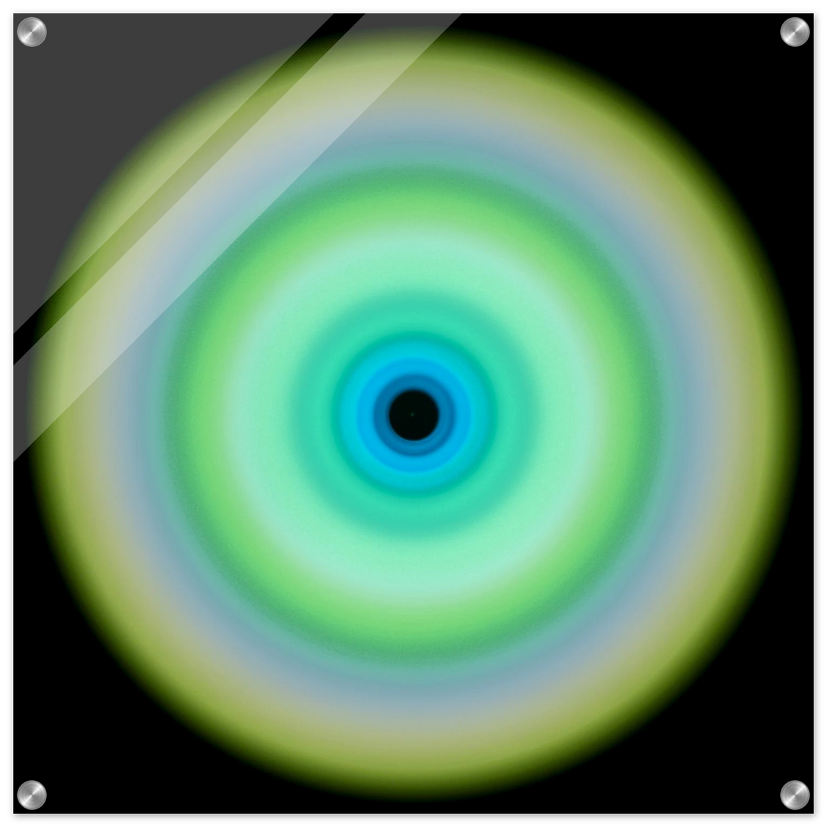 A circular form with concentric rings transitioning from pale yellow-green on the outer edge through lime green and aqua to cobalt blue around a small dark center.