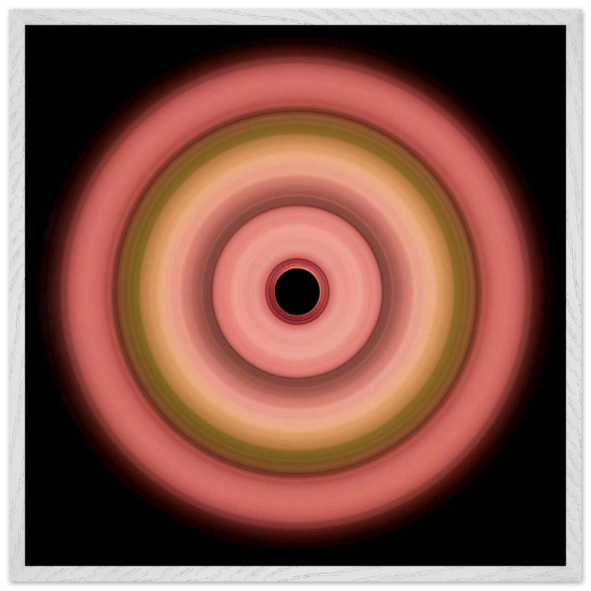 A circular aperture with six concentric rings transitioning from coral on the outside through pink, olive green, and peach to a black center.