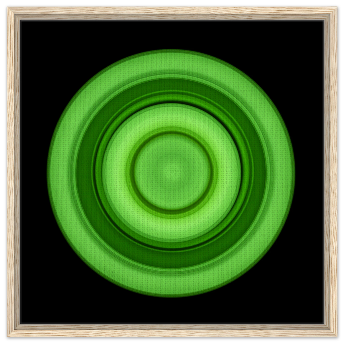 A circular disc with concentric rings in lime green tones radiating from a bright center core to darker green outer edges on black background.