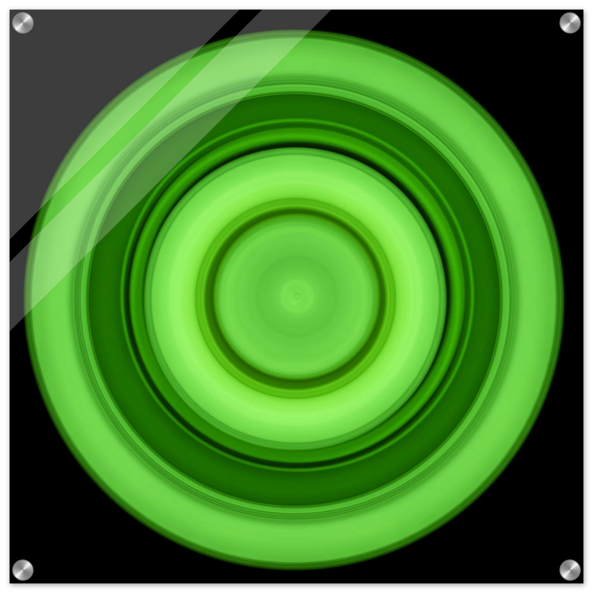 A circular disc with concentric rings in lime green tones radiating from a bright center core to darker green outer edges on black background.