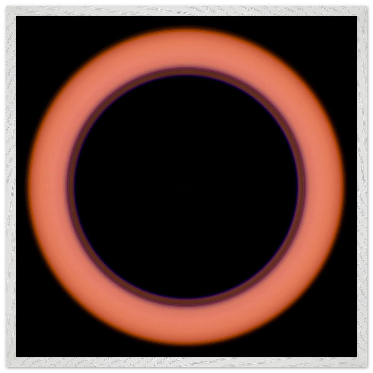 A circular image with a large black center surrounded by a thin violet ring that transitions to coral orange at the outer edges.