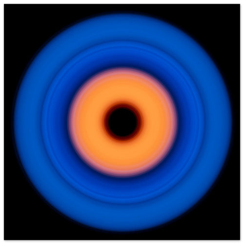 A circular ring with deep blue outer edge transitioning through purple-pink to coral orange center with a small black void in the middle.