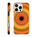 Circular concentric rings transitioning from coral orange outer edge through bright yellow middle bands to soft orange inner ring with small black center.