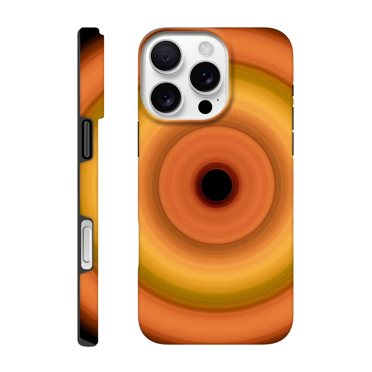 Circular concentric rings transitioning from coral orange outer edge through bright yellow middle bands to soft orange inner ring with small black center.