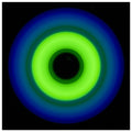 A circular ring shape with bright lime green center transitioning through teal to cobalt blue outer edge with black center void.
