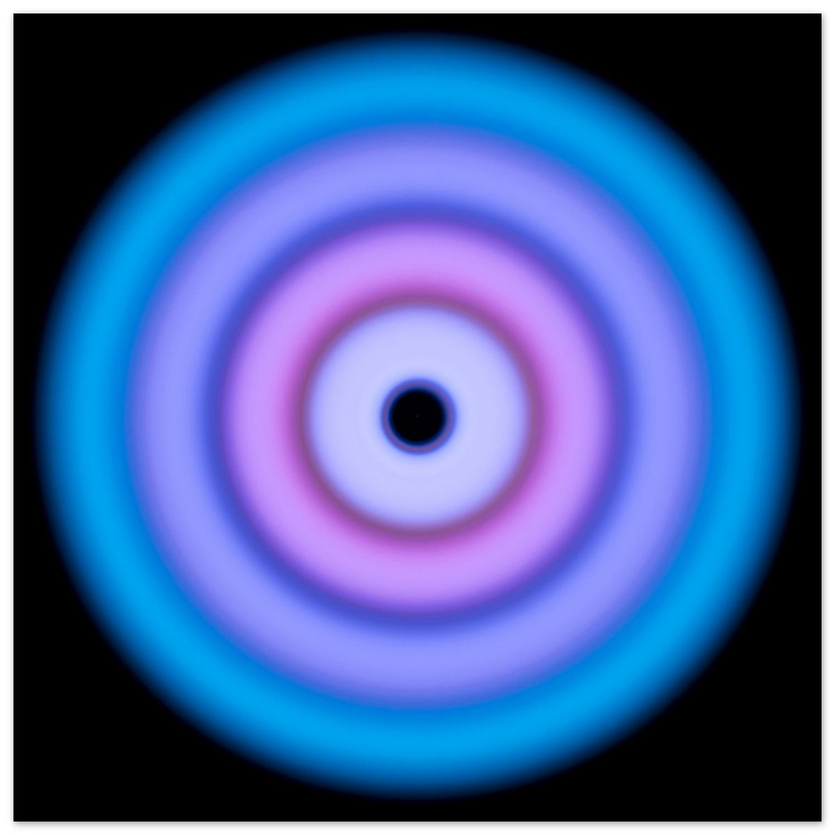 A circular aperture shape with electric blue outer ring transitioning through purple and violet to a bright pink core with a small dark center.