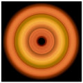 Circular concentric rings transitioning from coral orange outer edge through bright yellow middle bands to soft orange inner ring with small black center.