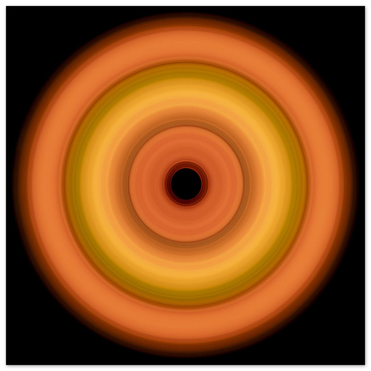 Circular concentric rings transitioning from coral orange outer edge through bright yellow middle bands to soft orange inner ring with small black center.