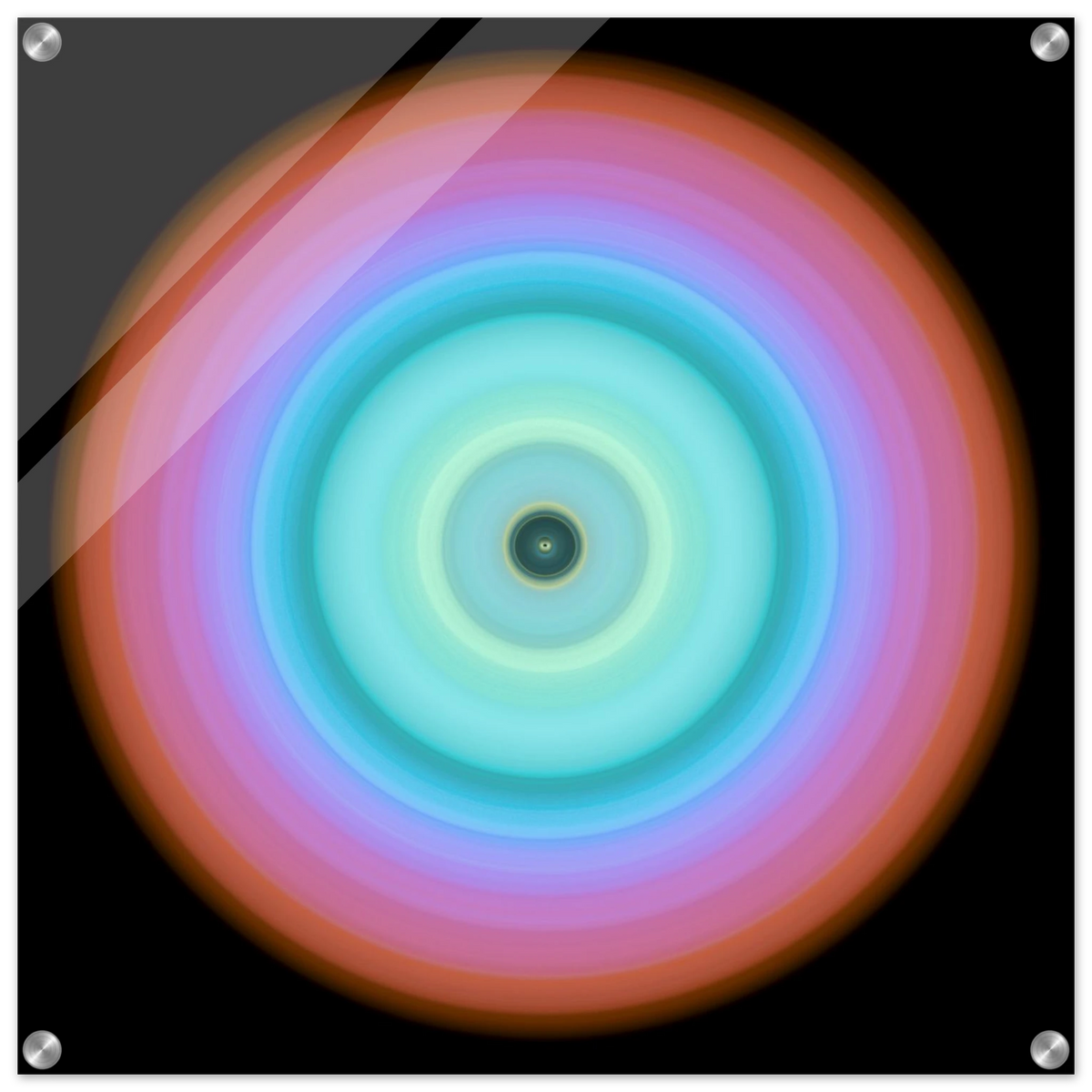 Circular aperture shape with dark center surrounded by concentric color bands transitioning from ice blue through turquoise and violet to coral pink.