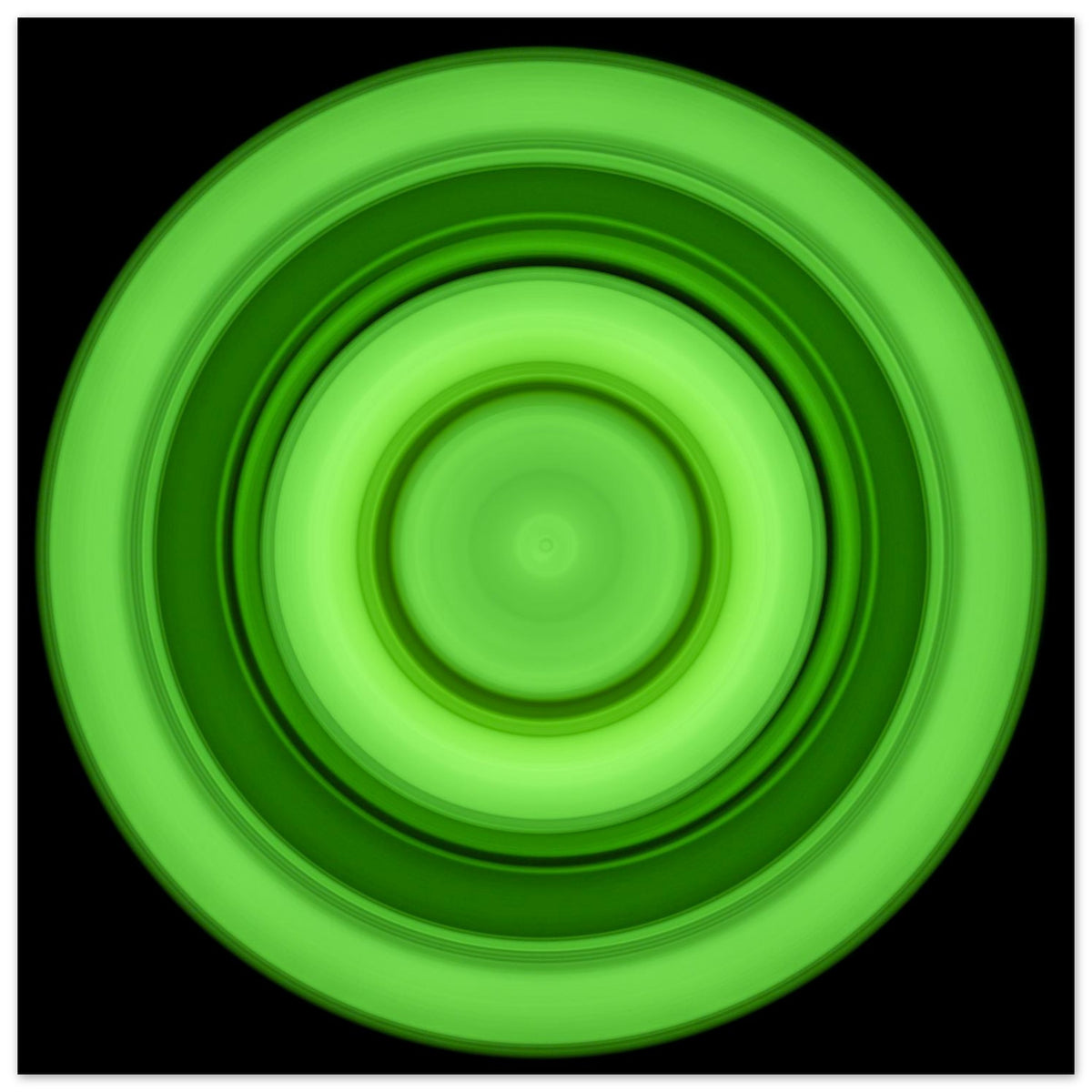 A circular disc with concentric rings in lime green tones radiating from a bright center core to darker green outer edges on black background.