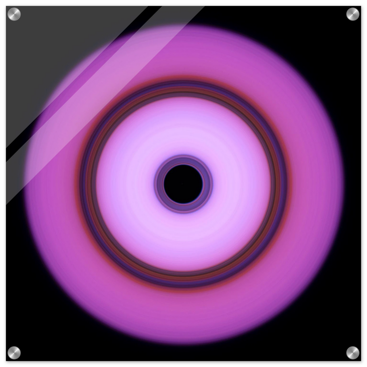 A circular form with magenta outer edges fading to white center, featuring a multicolored ring band and small black circle at the core.