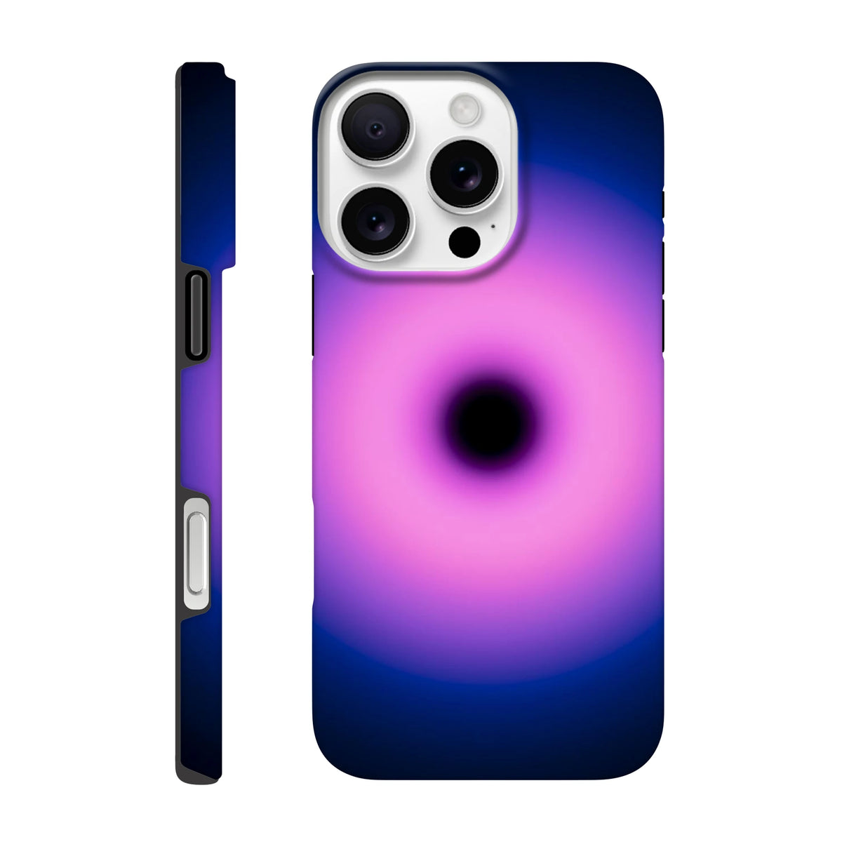 A circular gradient shape with a black center that transitions from hot pink to purple to deep blue at the outer edges.