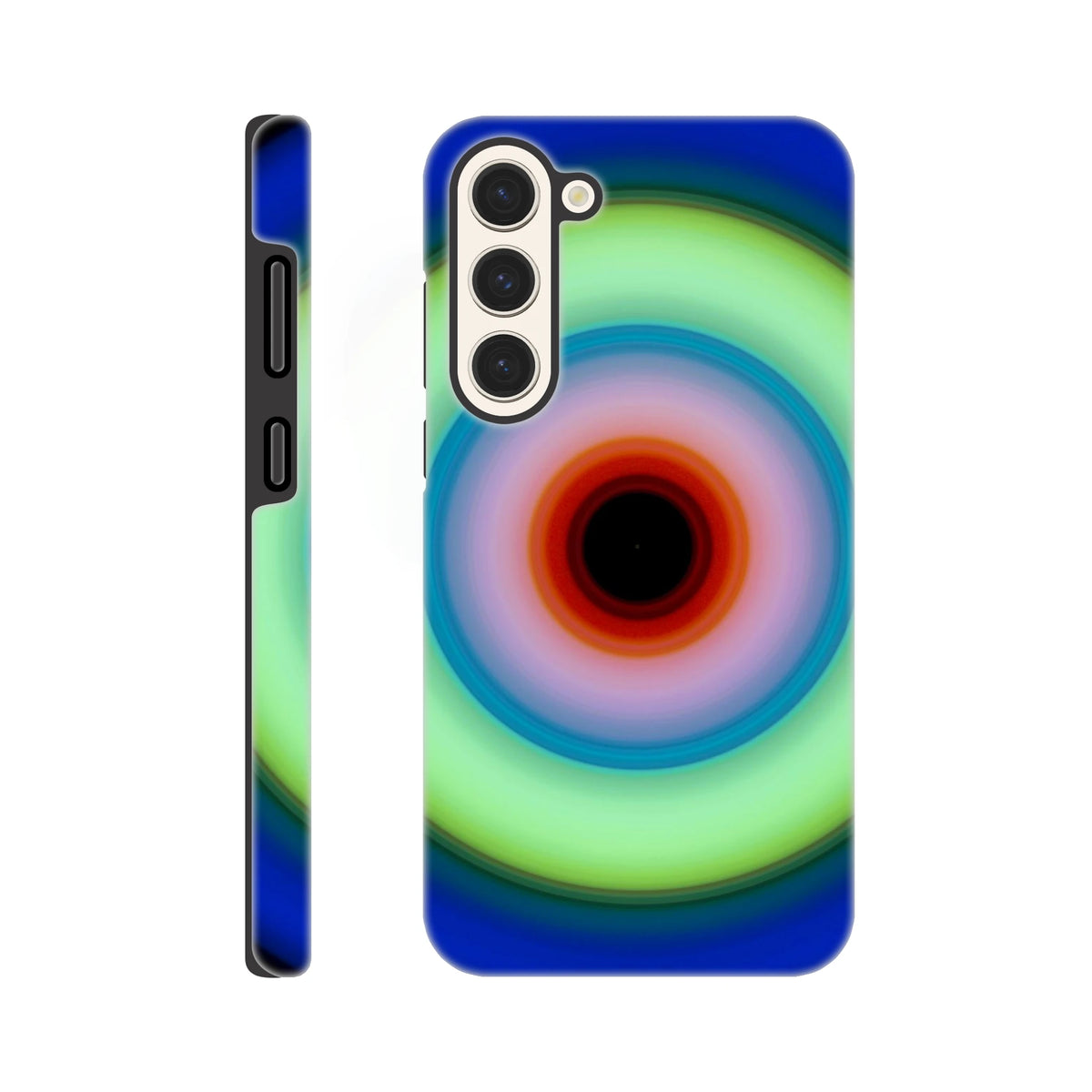 Circular concentric rings transitioning from deep blue outer edge through lime green to orange-red center with a small black void.