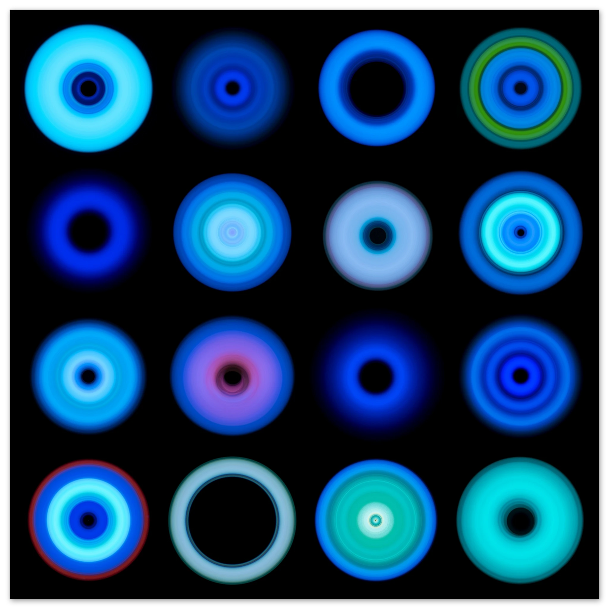 A grid of sixteen circular light forms with concentric rings in blue and cyan tones, featuring centers ranging from black voids to white cores.