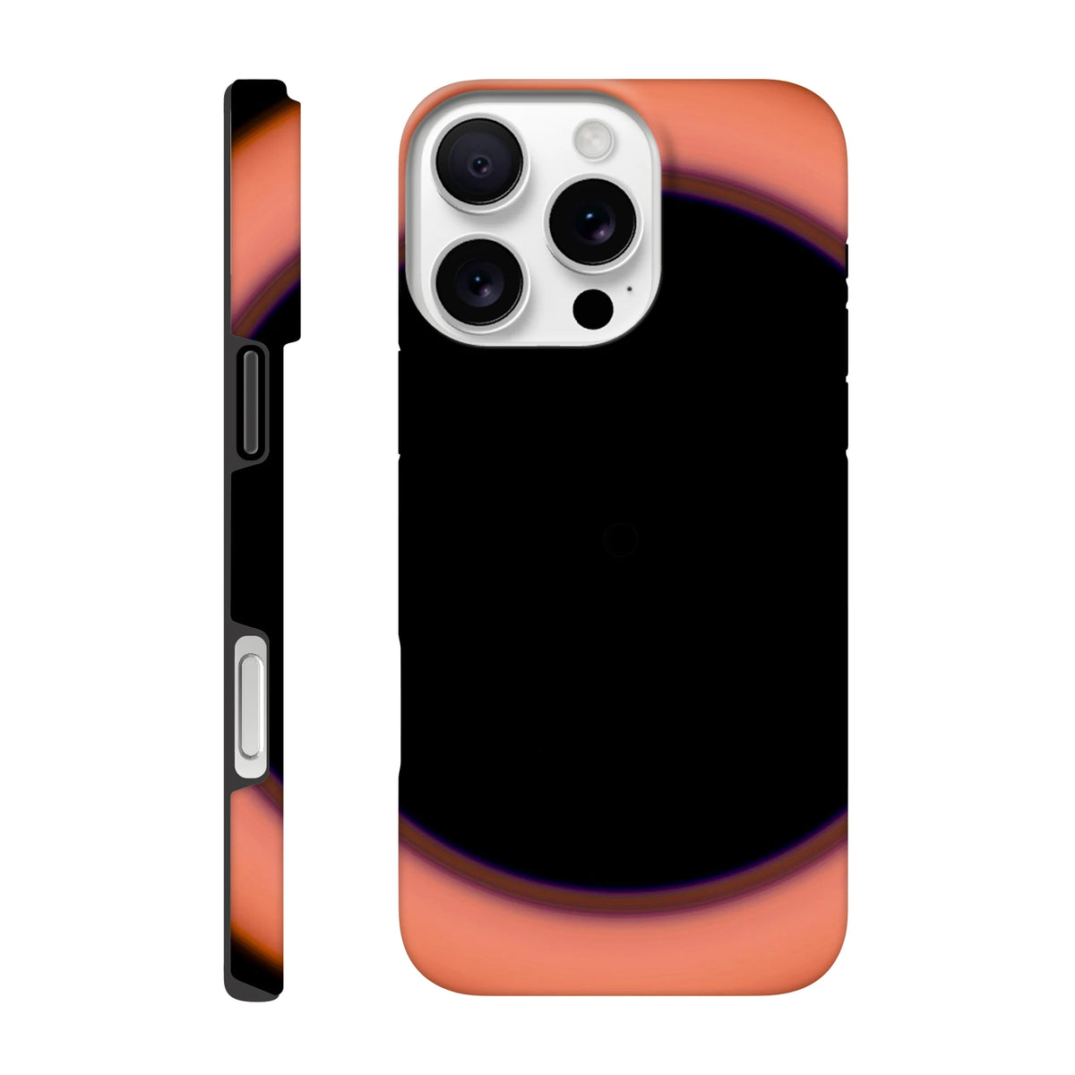 A circular image with a large black center surrounded by a thin violet ring that transitions to coral orange at the outer edges.