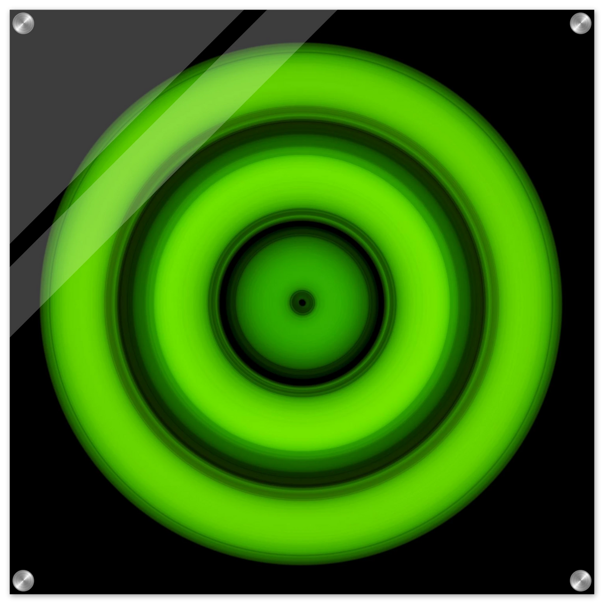 A circular disc with concentric color rings radiating from a small black center dot, transitioning from yellow core through orange, purple, and blue to bright lime green outer edge.