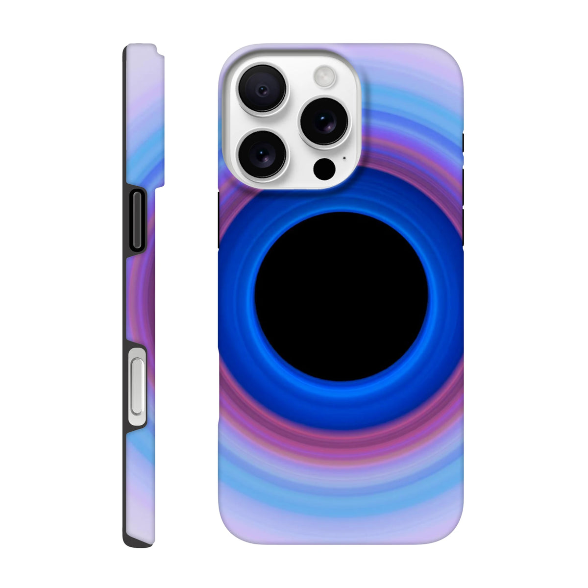 A circular ring with deep blue center transitioning through purple and magenta to pale lavender at the edges, surrounding a black void.