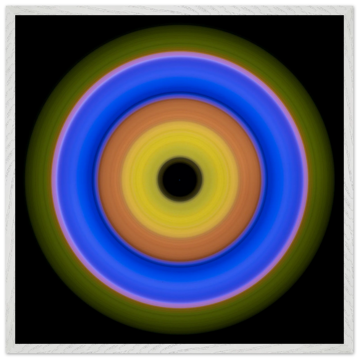 A circular aperture shape with concentric color rings radiating from a black center through yellow, orange, blue, and olive green.