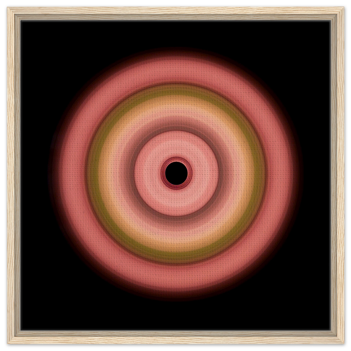 A circular aperture with six concentric rings transitioning from coral on the outside through pink, olive green, and peach to a black center.
